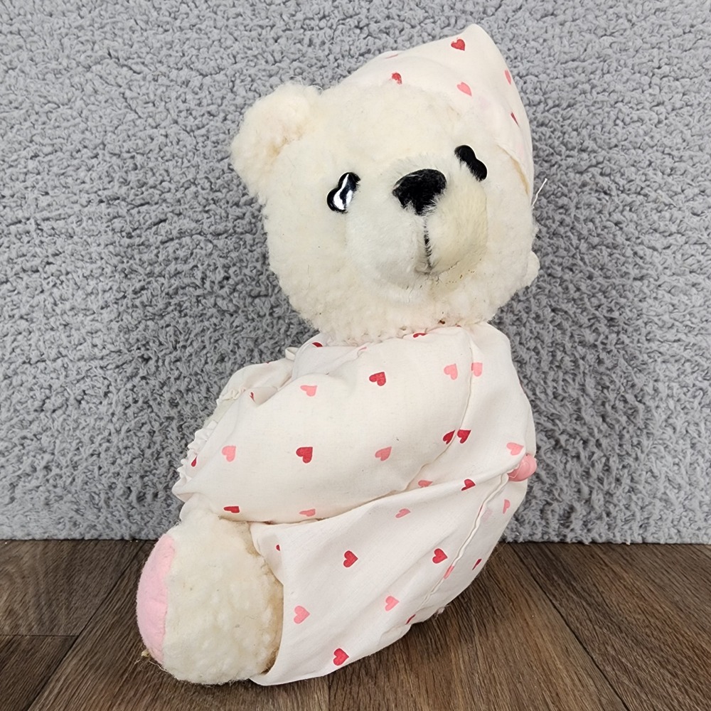 Vintage Teddy Bear in Heart Print Pajamas and Nightcap Cream Pink Plush 10"